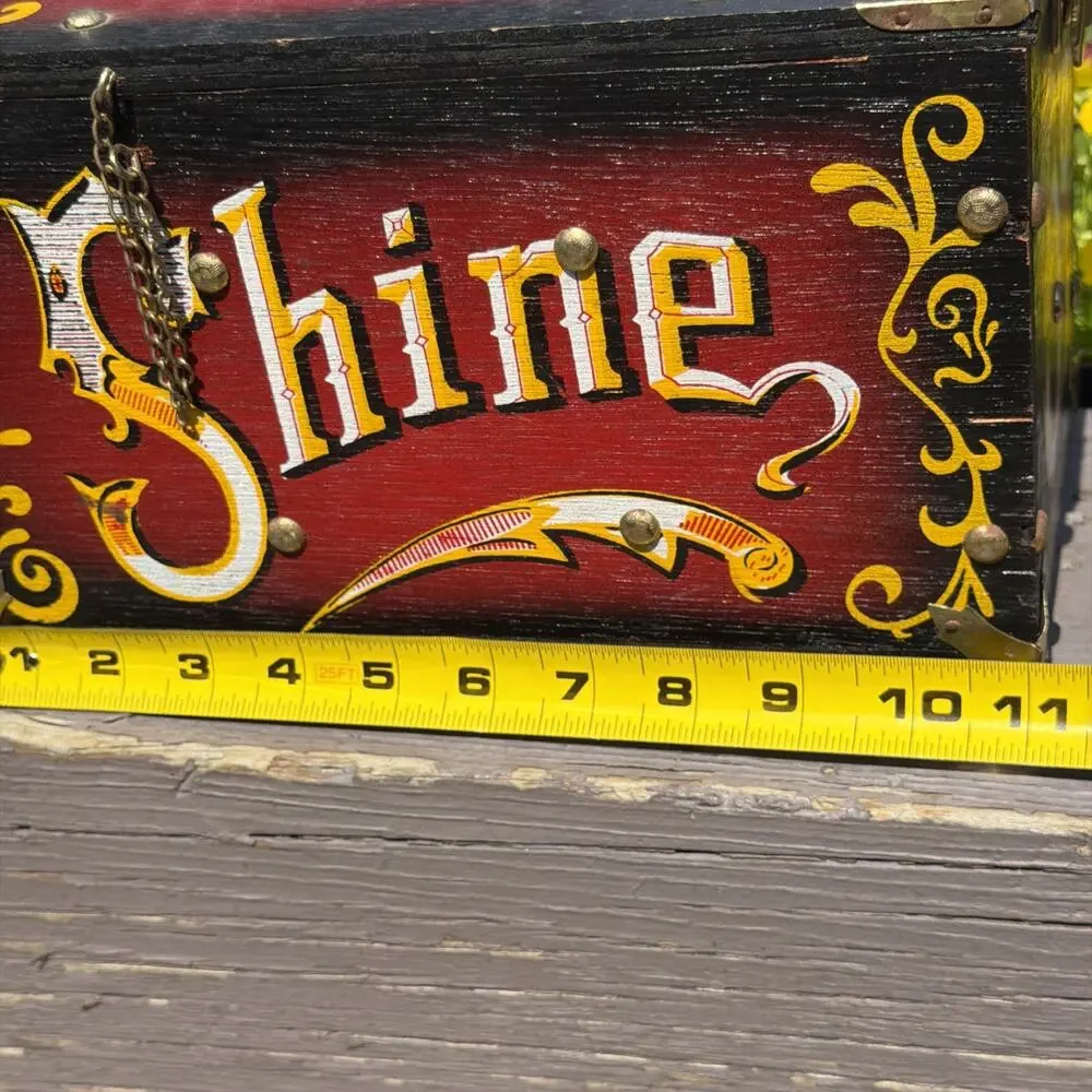 Vintage Wood Brass Shoeshine Box 5 Cent Shine w/ Brush Barber Shop Americana